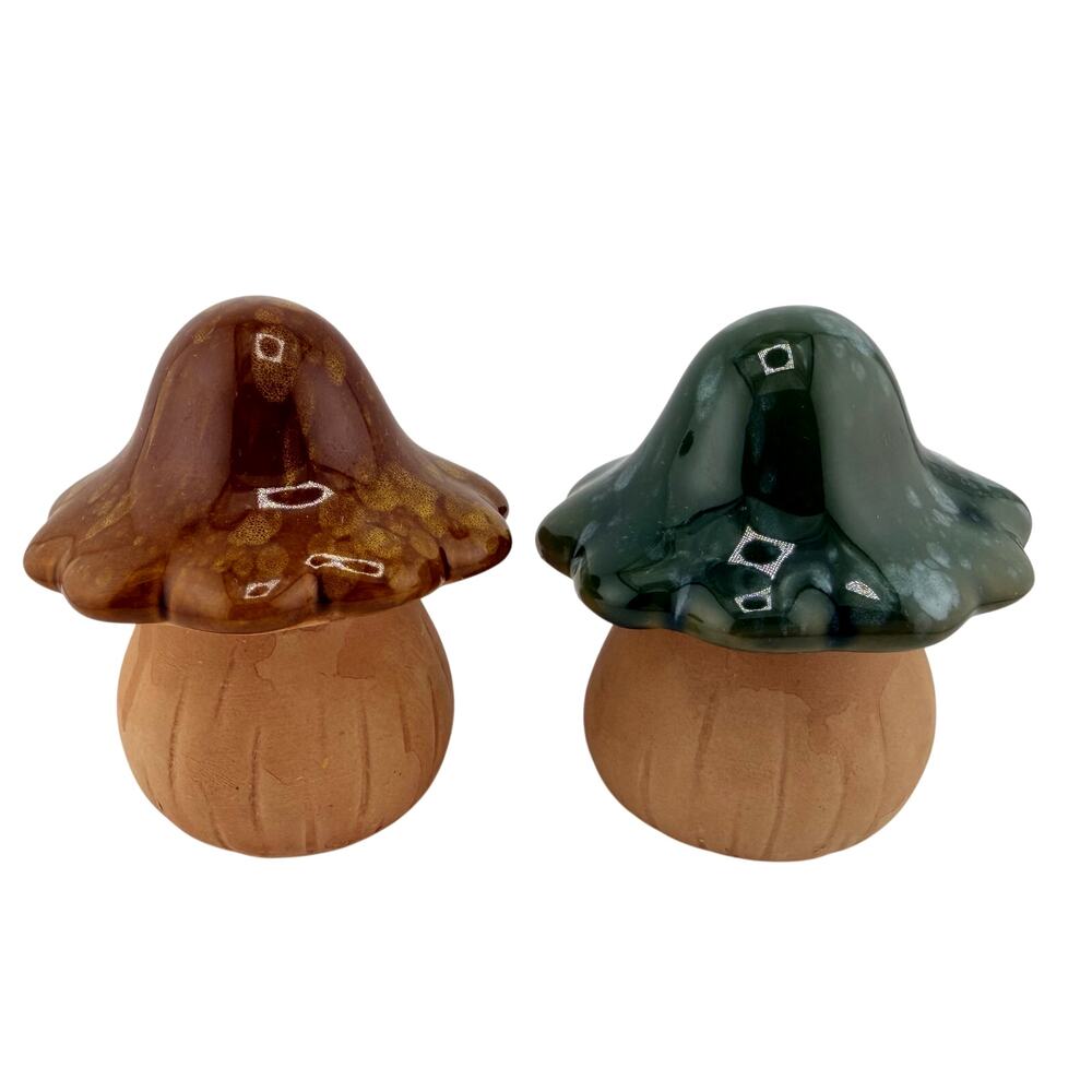 Drip Glaze Ceramic Mushroom Figurines Handmade Green Brown Cottagecore Decor